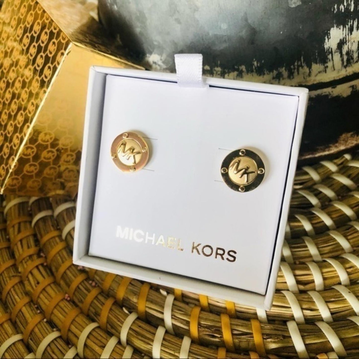 Michael Kors Gold MK Logo Stud Earrings NWT
