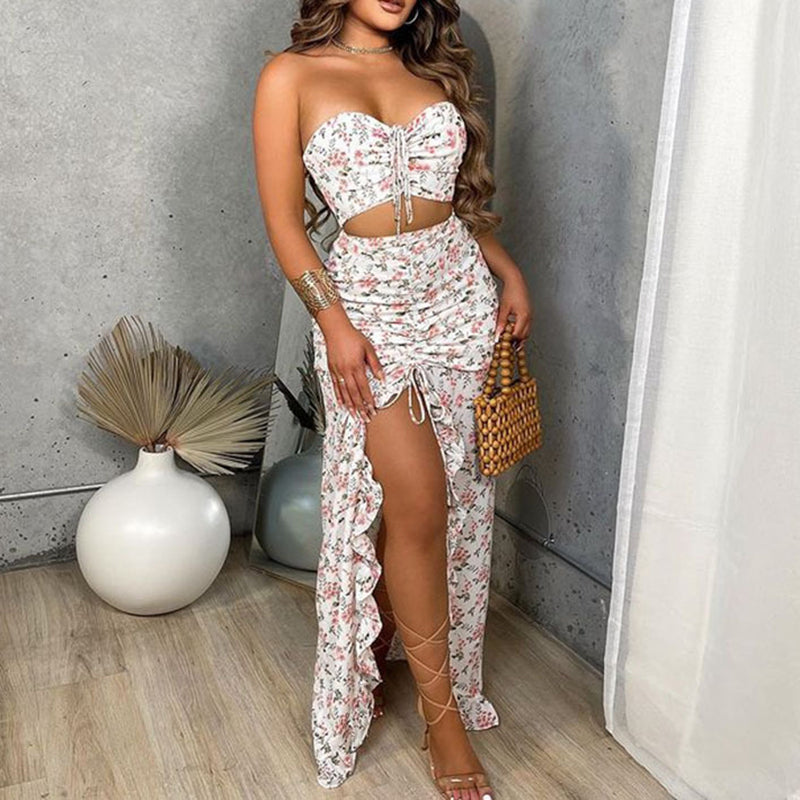 Sweet Strapless Crop Tube Top Ruffled Side-slit Skirt Two Piece Set