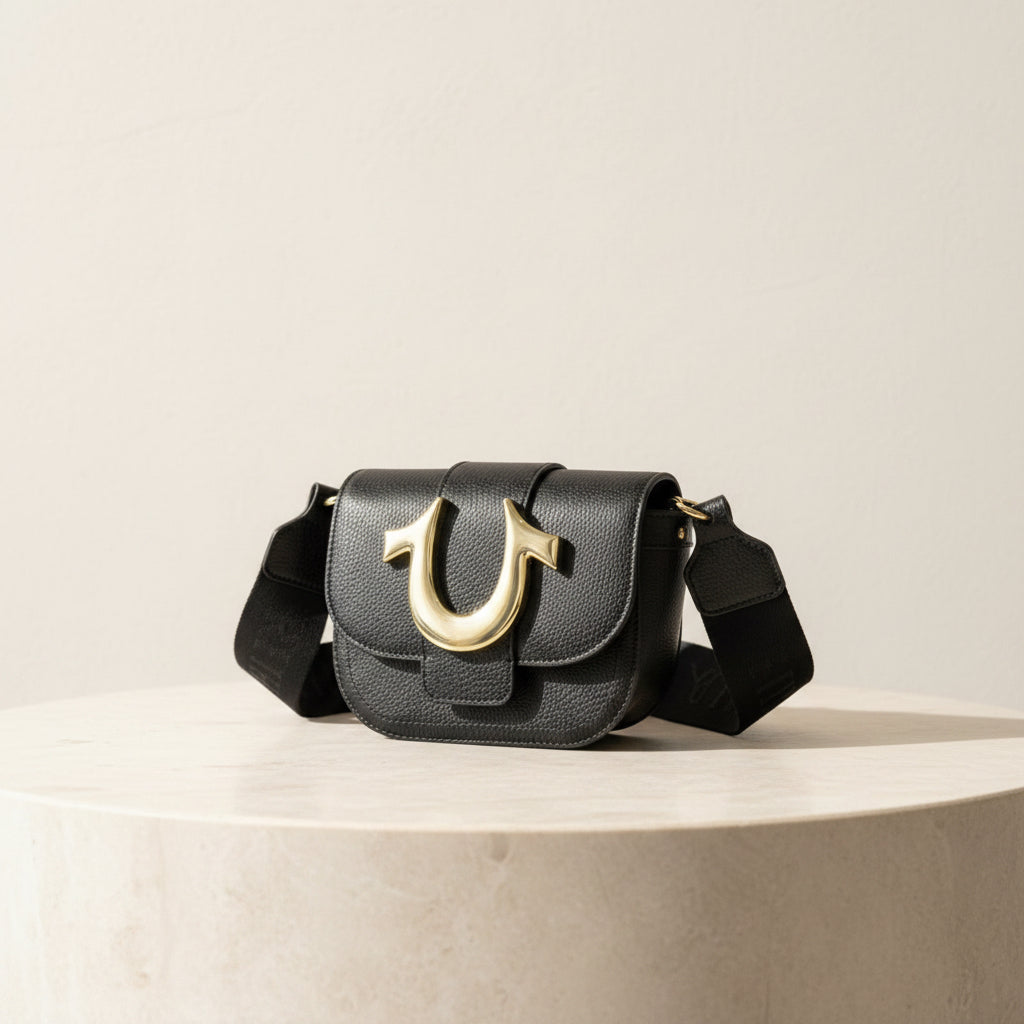True Religion Mini Flap Crossbody Black Gold Logo Bag NWT