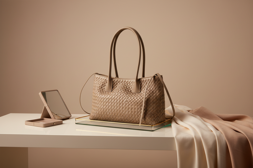 Woven Taupe Nude Tote Bag with Teddy Bear Charm