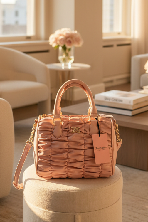 Juicy Couture Run The World Pink Ruched Satchel Y2K Blush Crossbody Bag