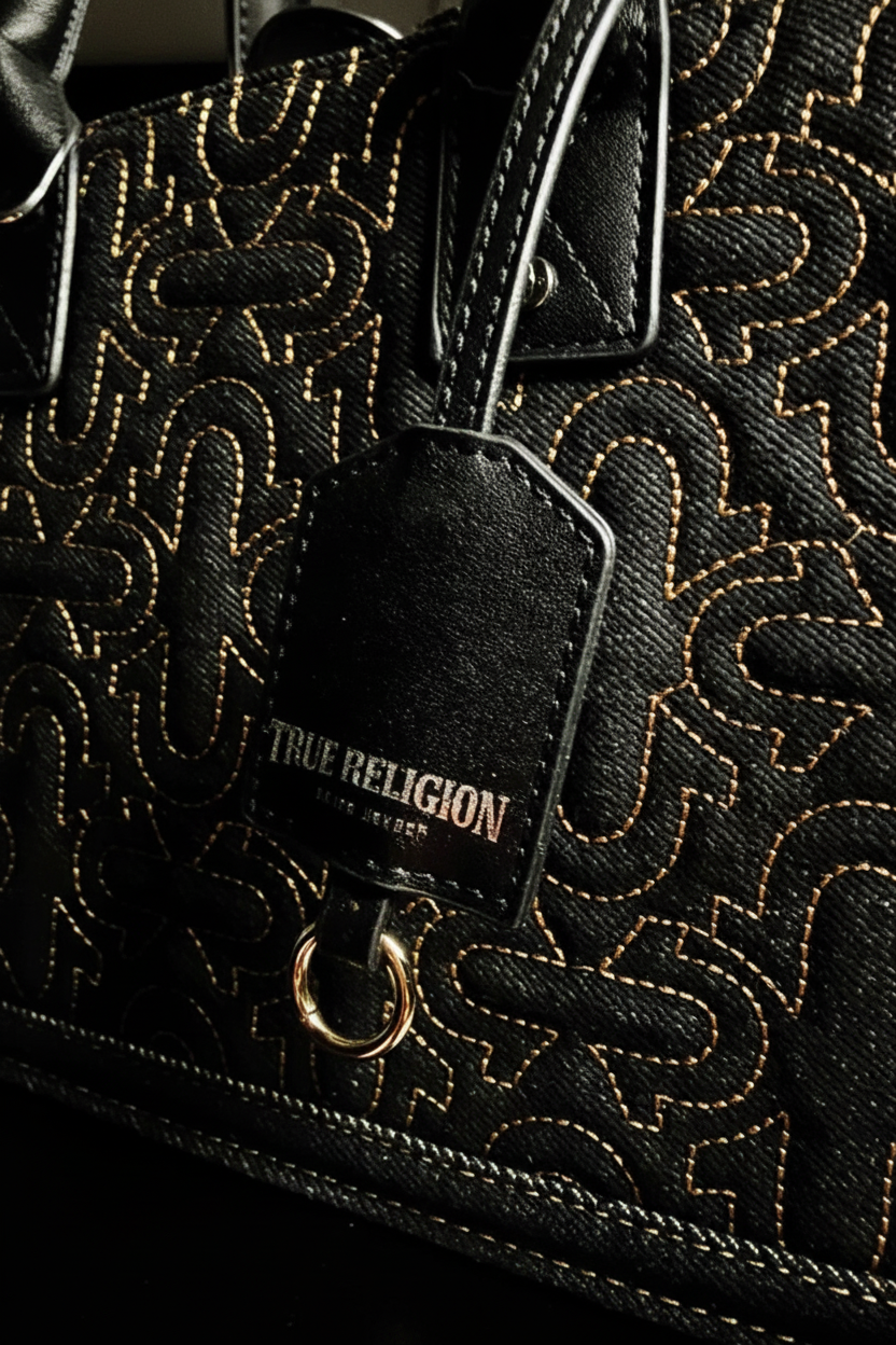 True Religion Black Denim Structured Tote Bag Leather Handles Mini Designer Tote