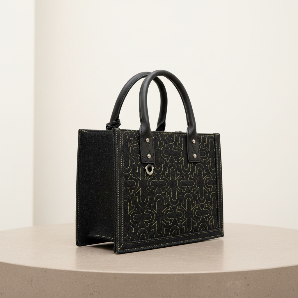 True Religion Black Denim Structured Tote Bag Leather Handles Mini Designer Tote