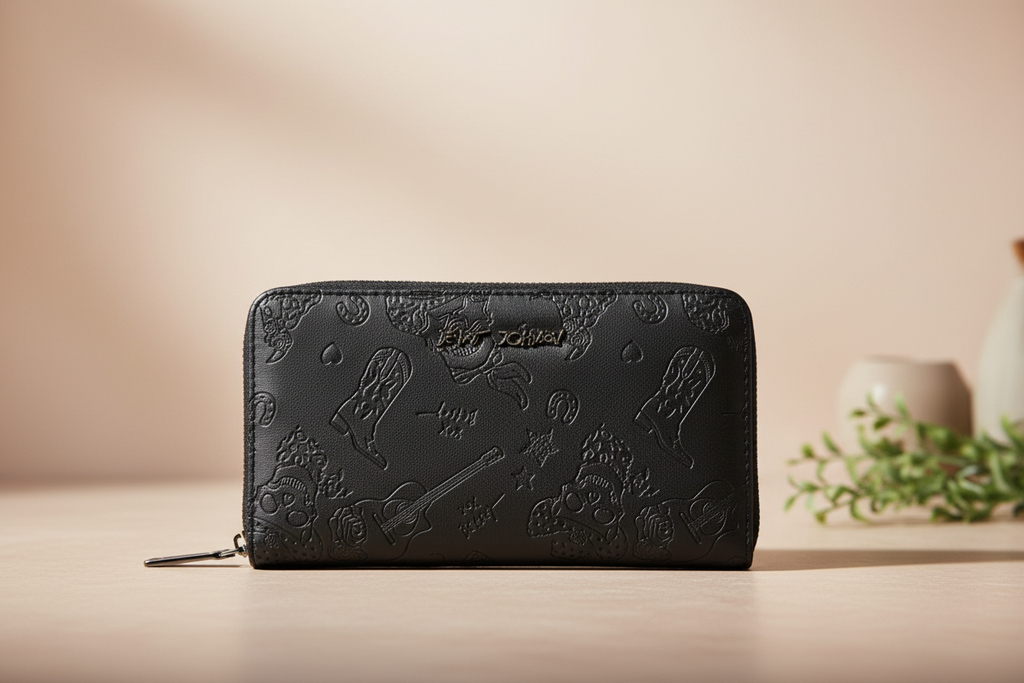 Betsey Johnson Black Western Embossed Zip Around Wristlet Wallet