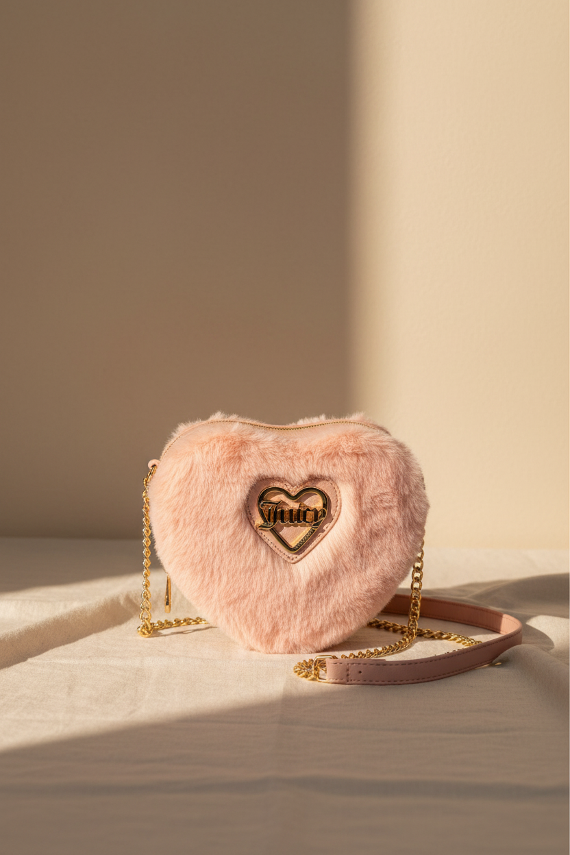 Juicy Couture Heart Faux Fur Crossbody Bag Taffy Pink Cardholder Set