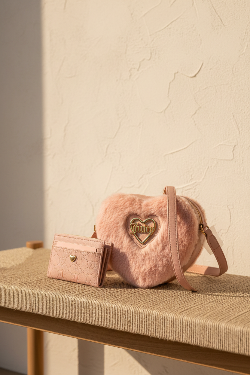 Juicy Couture Heart Faux Fur Crossbody Bag Taffy Pink Cardholder Set
