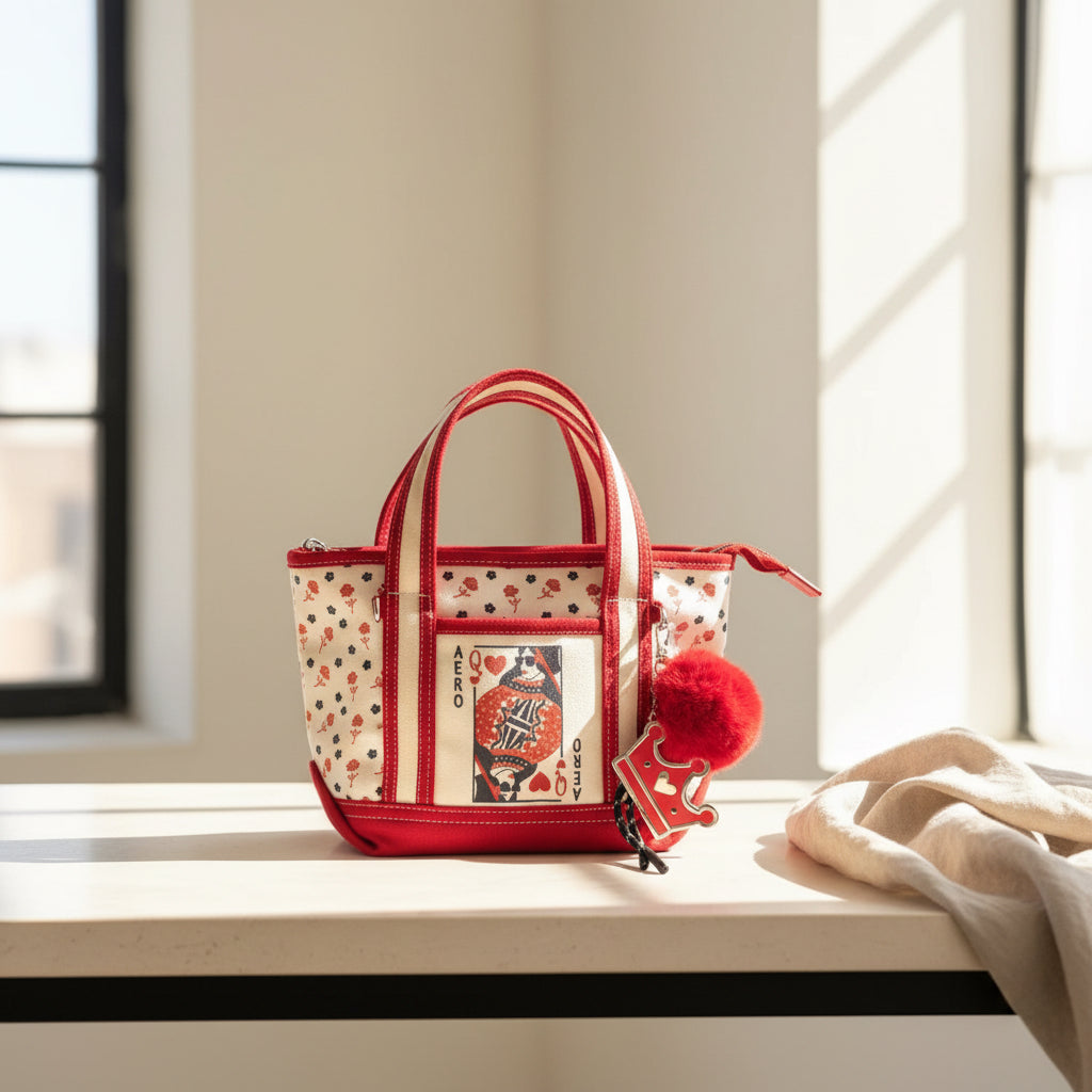 Aeropostale Queen of Hearts Mini Canvas Tote Crossbody Bag Red Cream with Bag Charm