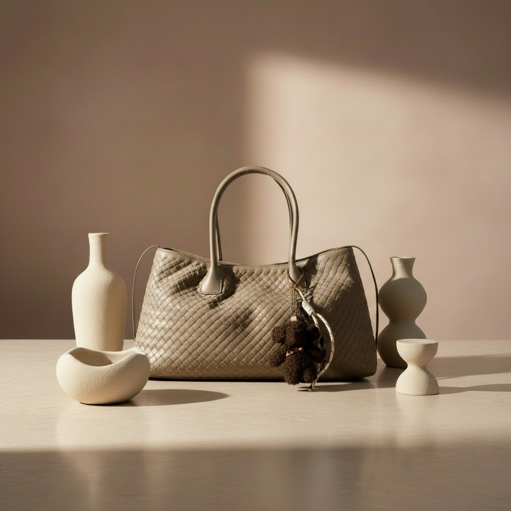 Woven Taupe Nude Tote Bag with Teddy Bear Charm