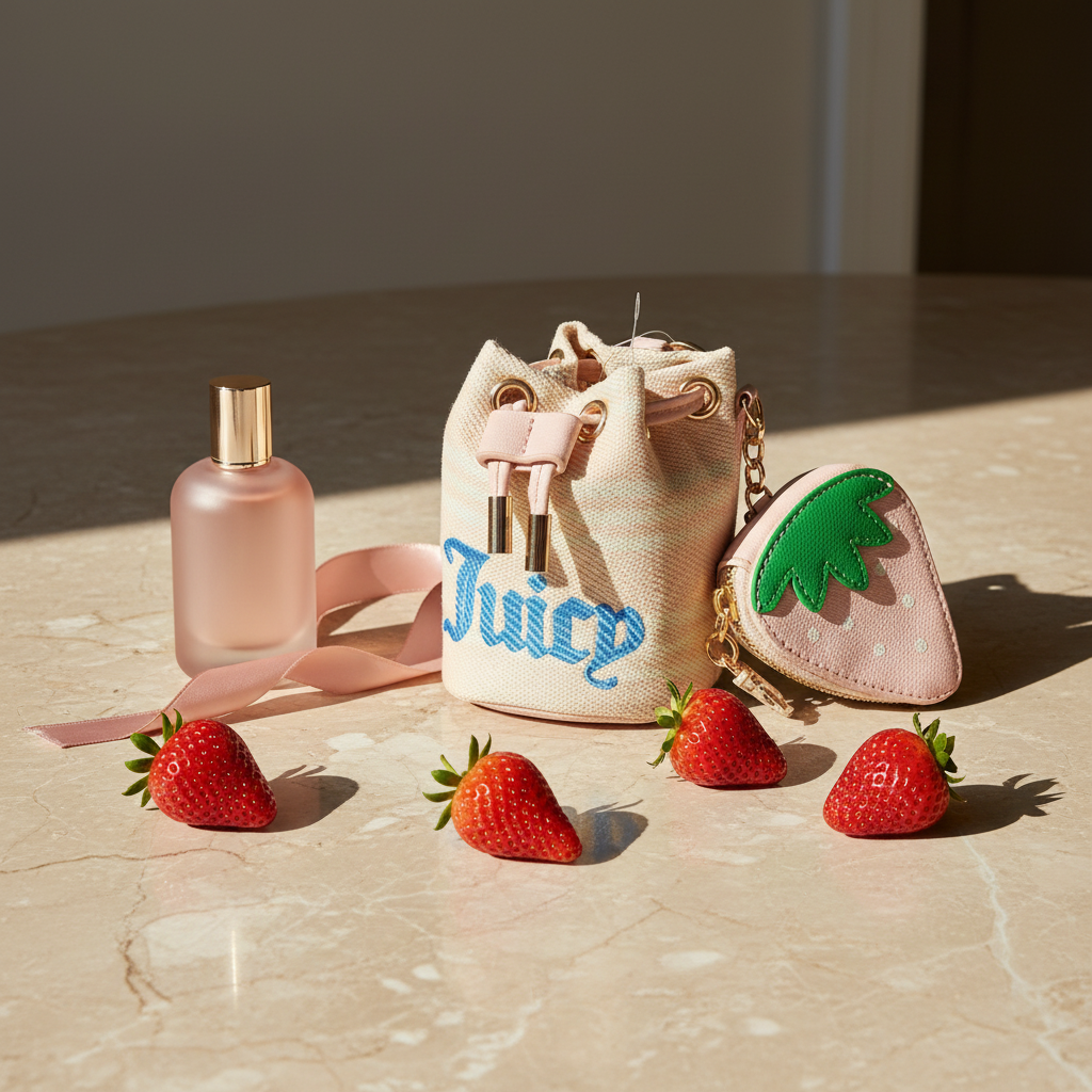 Juicy Couture Mini Canvas Bucket Bag Pink Strawberry Wristlet