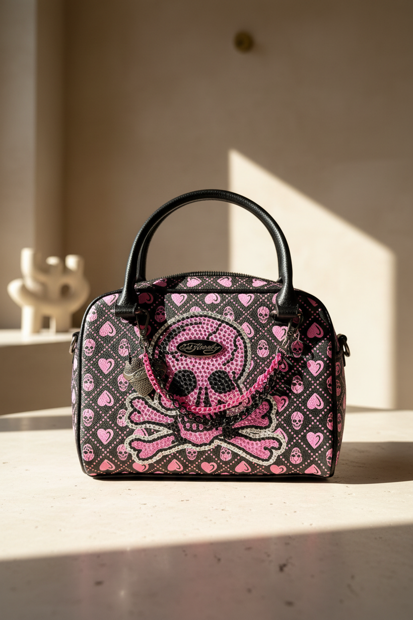 Ed Hardy Pink Skull Rhinestone Satchel Bag