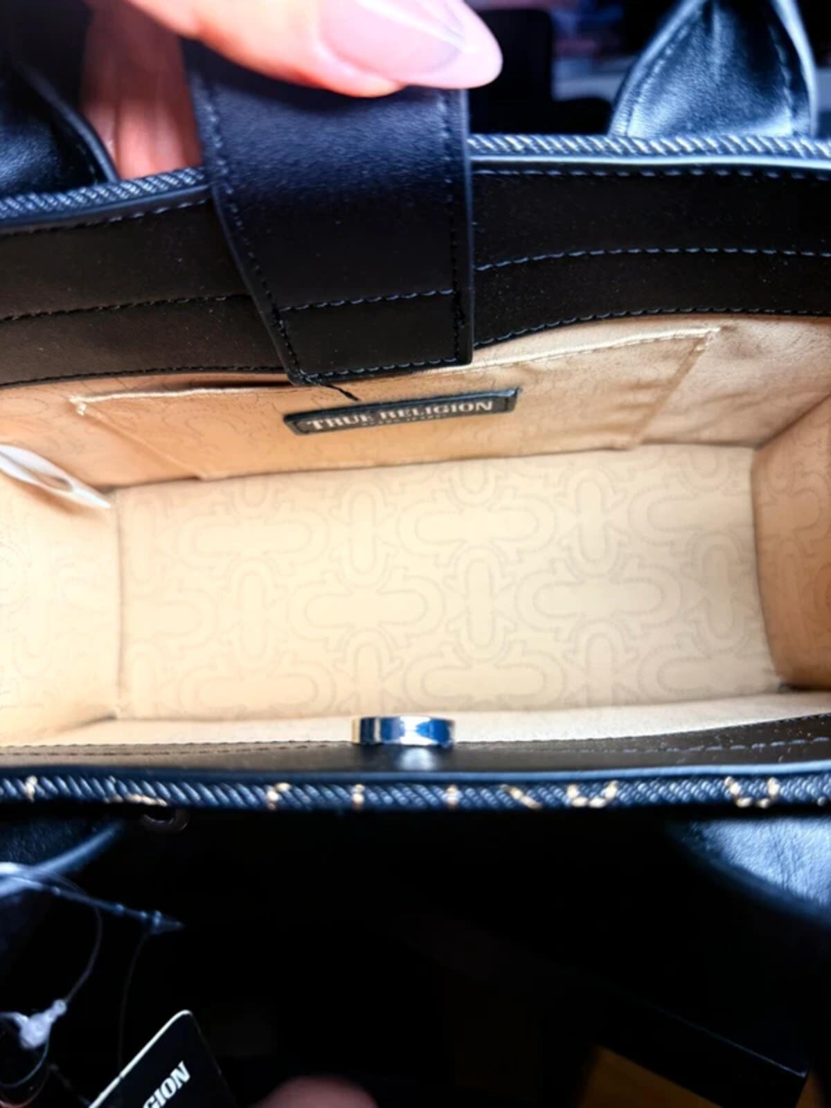 True Religion Black Denim Structured Tote Bag Leather Handles Mini Designer Tote