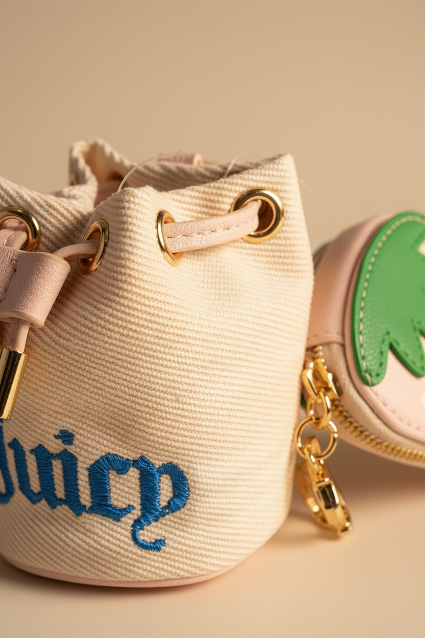 Juicy Couture Mini Canvas Bucket Bag Pink Strawberry Wristlet