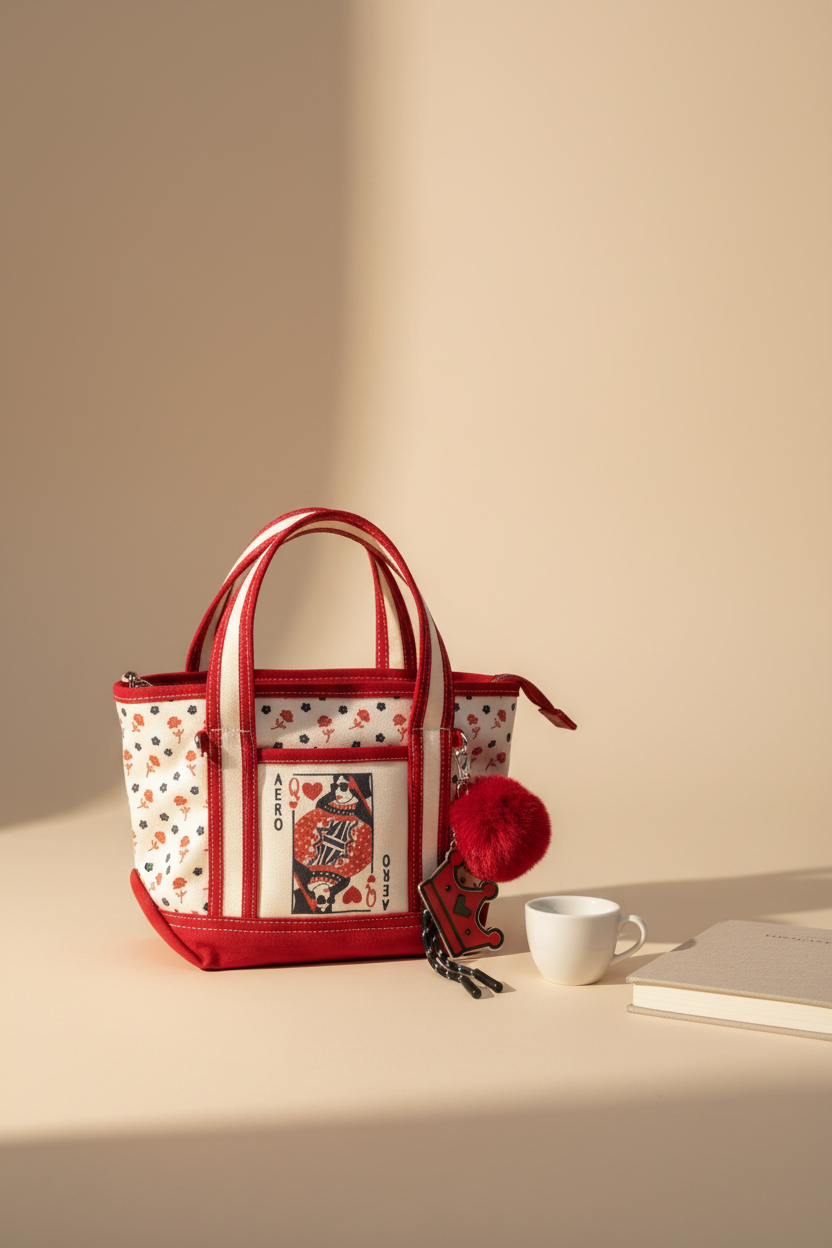 Aeropostale Queen of Hearts Mini Canvas Tote Crossbody Bag Red Cream with Bag Charm