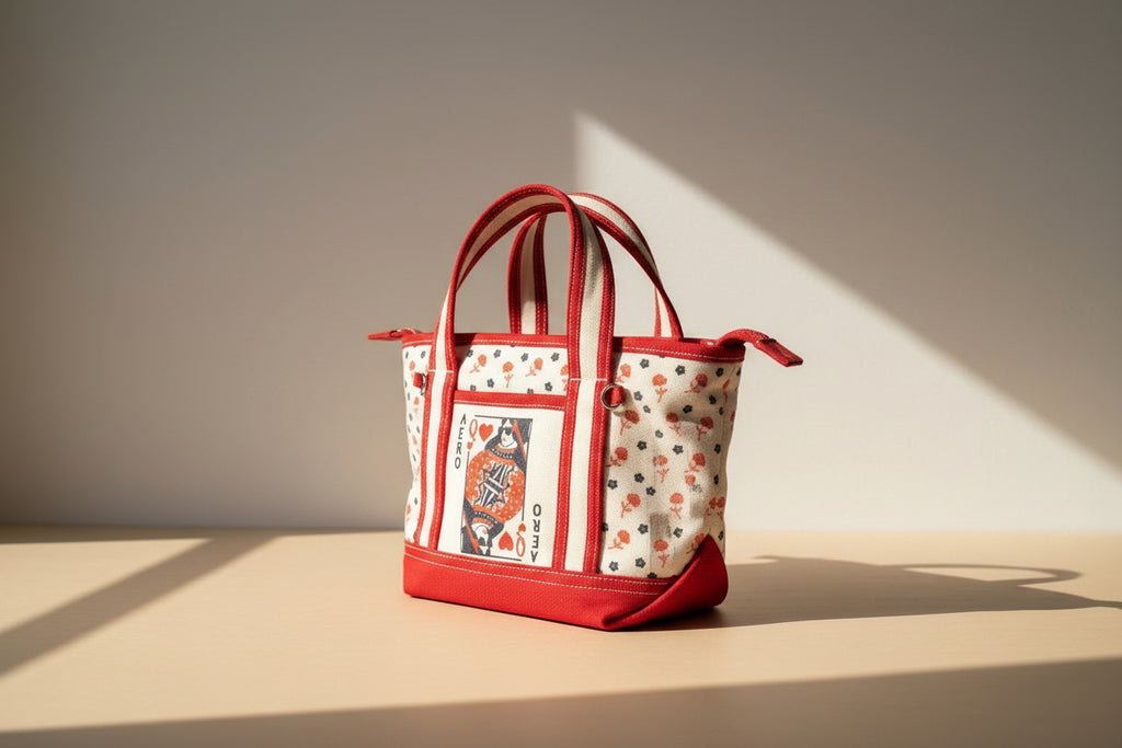 Aeropostale Queen of Hearts Mini Canvas Tote Crossbody Bag Red Cream with Bag Charm