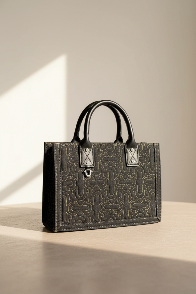 True Religion Black Denim Structured Tote Bag Leather Handles Mini Designer Tote