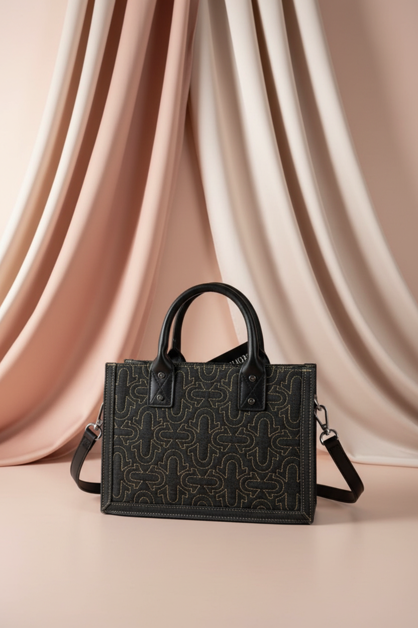 True Religion Black Denim Structured Tote Bag Leather Handles Mini Designer Tote