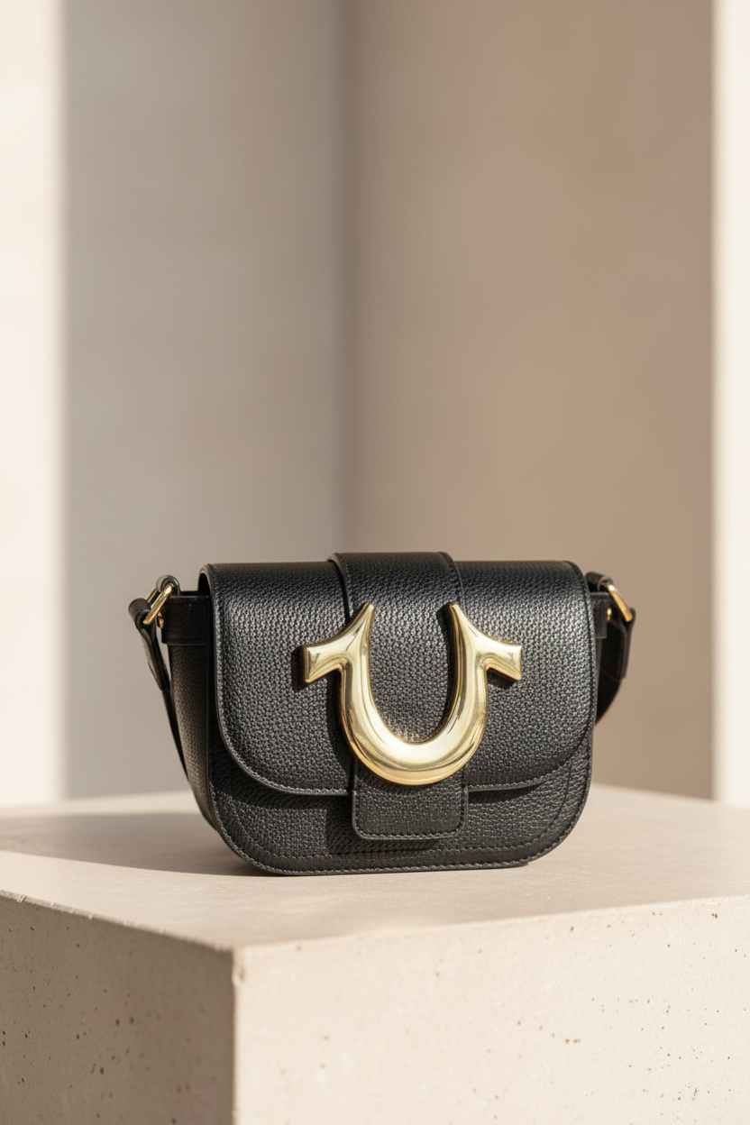 True Religion Mini Flap Crossbody Black Gold Logo Bag NWT