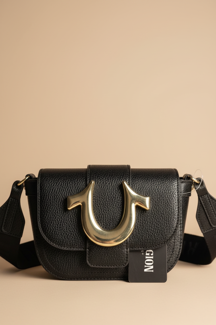 True Religion Mini Flap Crossbody Black Gold Logo Bag NWT