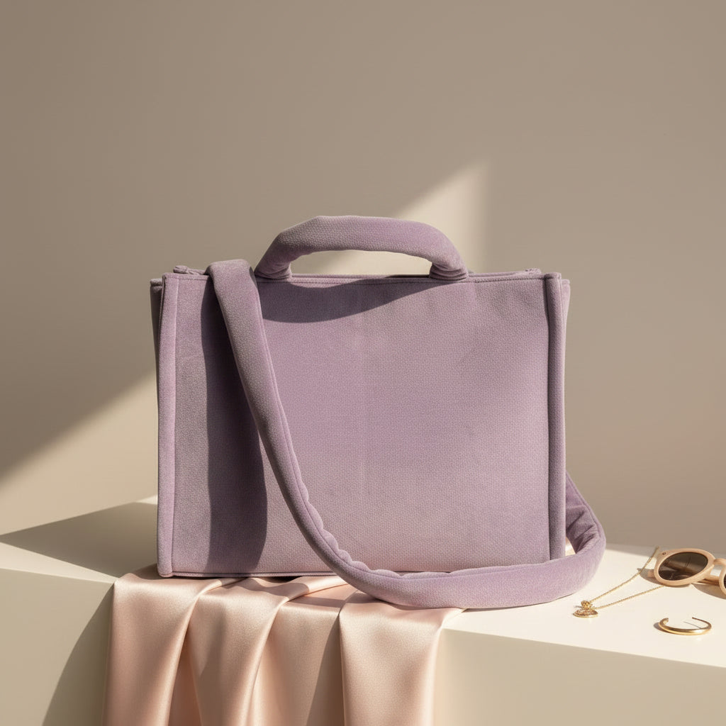Juicy Couture Dusty Violet Velour Tote Bag with Rhinestone Logo and Bag Charm