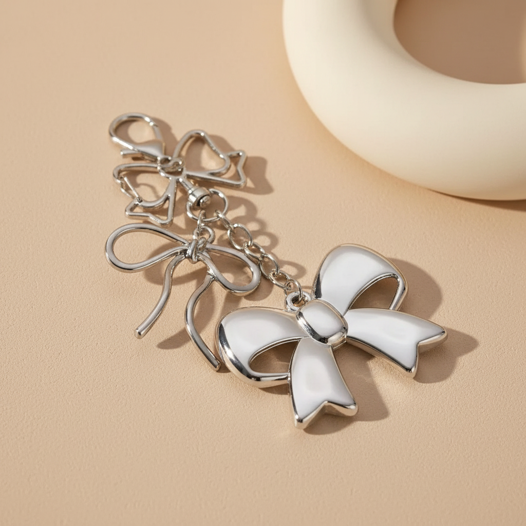 Silver Bow Keychain Bag Charm Polished Chrome Finish Coquette Accessory