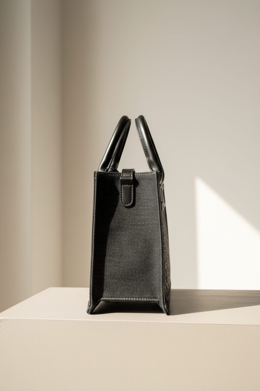True Religion Black Denim Structured Tote Bag Leather Handles Mini Designer Tote