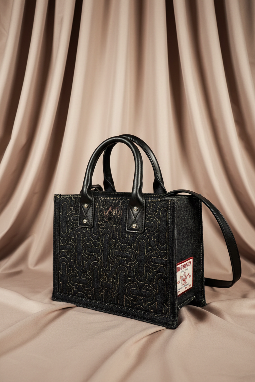 True Religion Black Denim Structured Tote Bag Leather Handles Mini Designer Tote