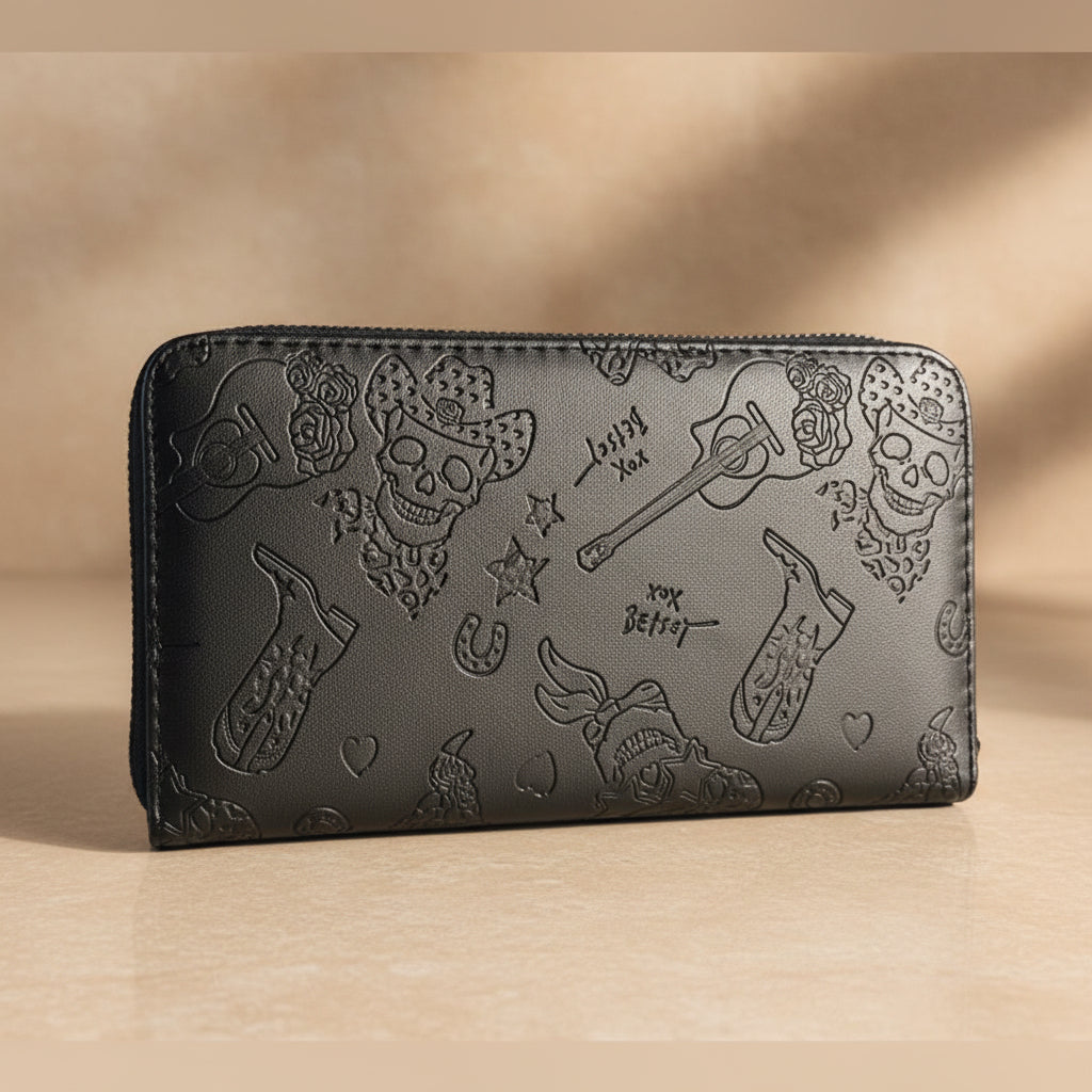Betsey Johnson Black Western Embossed Zip Around Wristlet Wallet