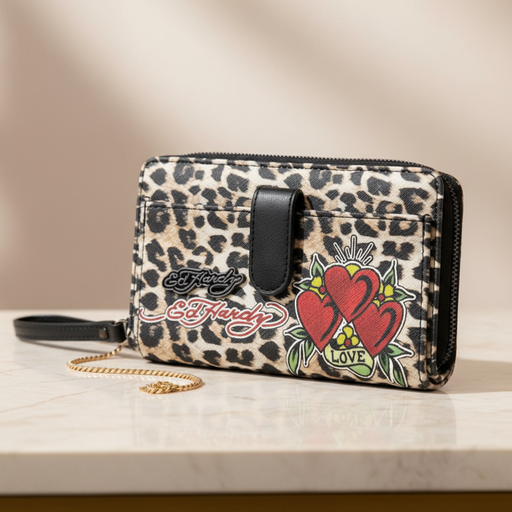 Ed Hardy Leopard Print “Love” Zipper Wristlet Wallet