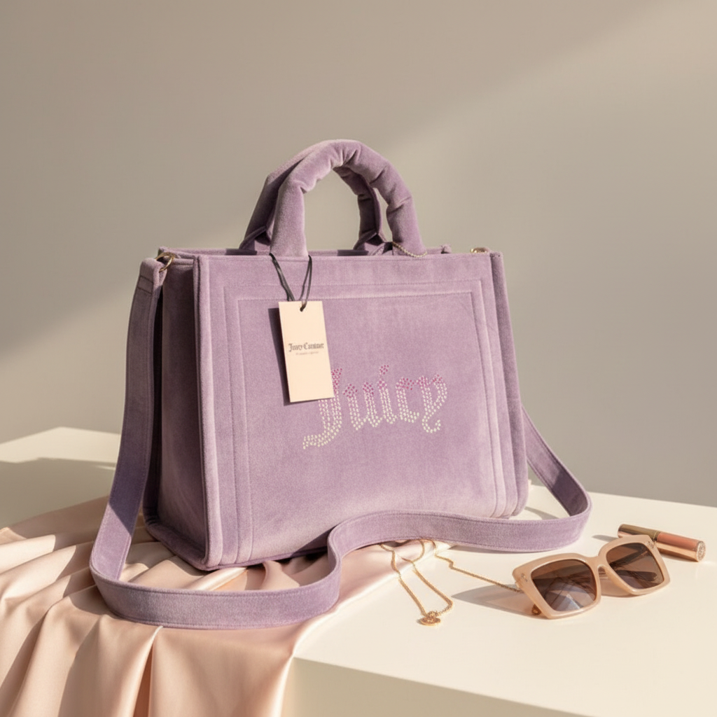Juicy Couture Dusty Violet Velour Tote Bag with Rhinestone Logo and Bag Charm